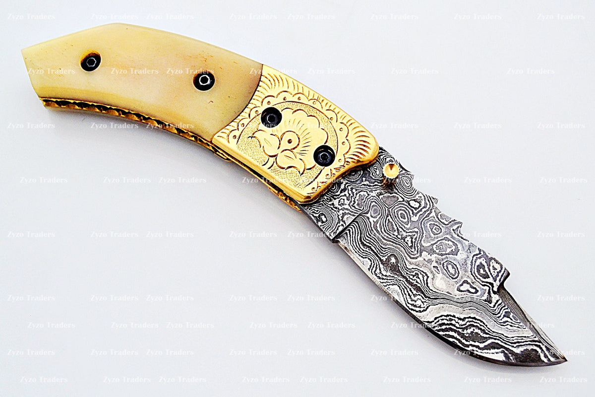 Handcrafted Damascus Steel Folding Pocket Knife with Ram Horn Handle
