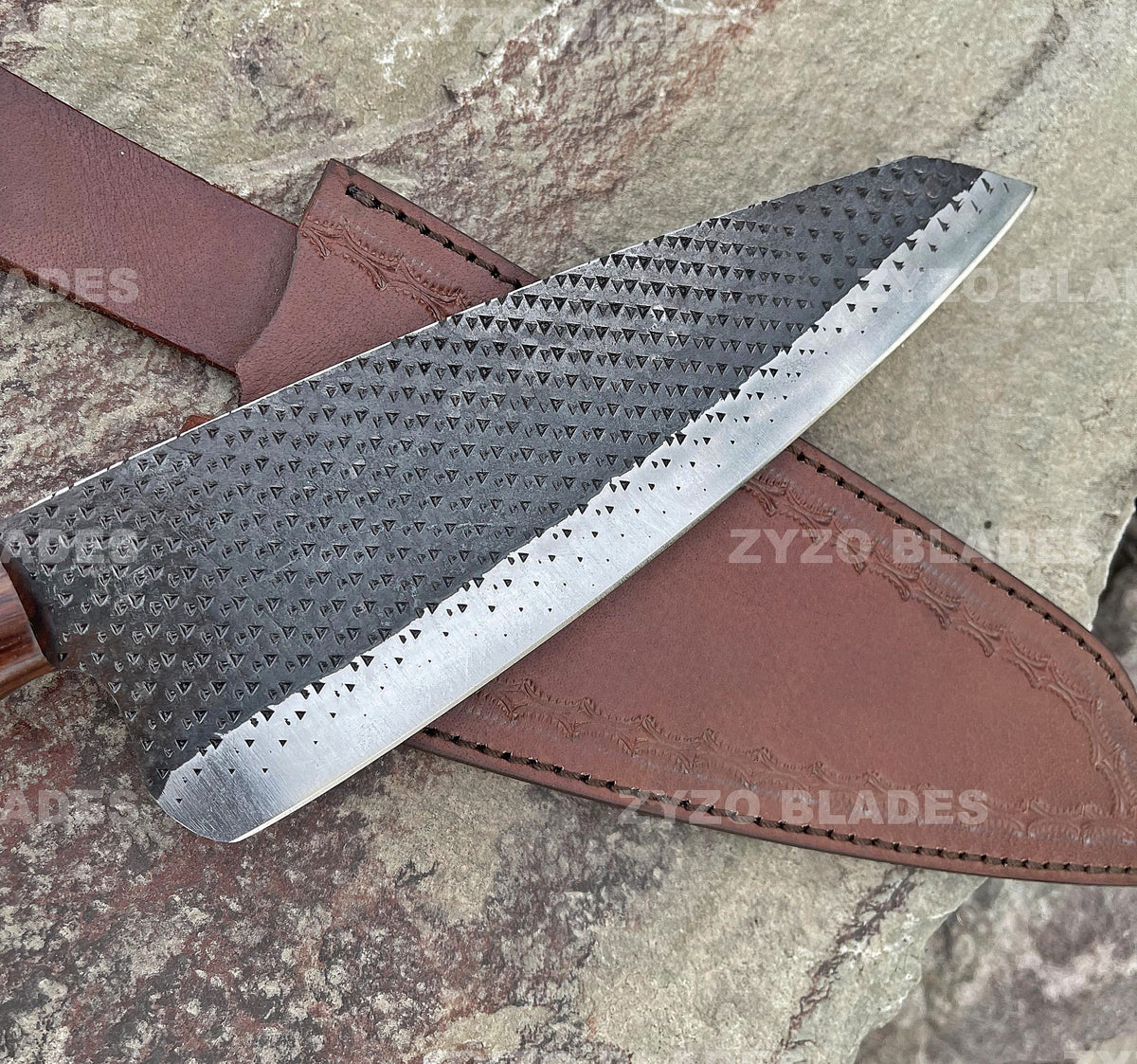 Handcrafted Damascus Santoku Chef Knife: Natural Wood Handle, Leather Sheath