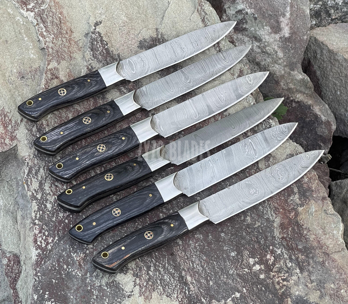Handmade Damascus Steel Steak Knives - Pakka Wood Handle, Set of 6