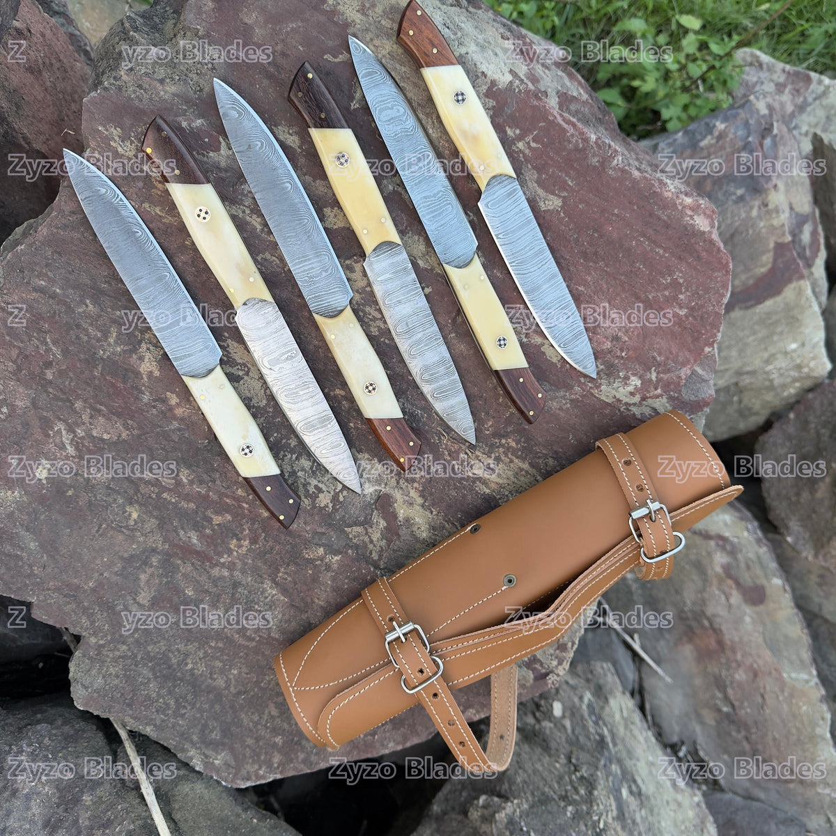 Damascus Steel Steak Knife Set: High Carbon Steel, Camel Bone Handle, Leather Sheath