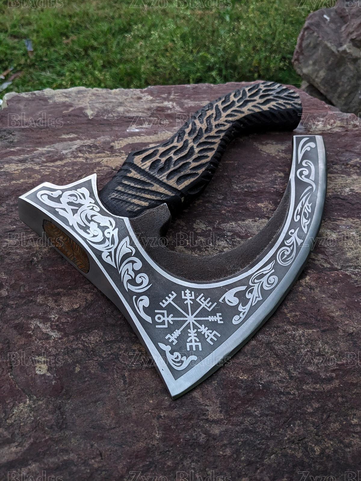 Viking Style Axe Pizza Cutter Stainless Steel Custom Carved Handle hand forged