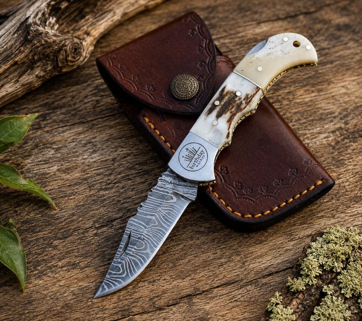 Stag Handle and Camel Bone - Personalized Folding Pocket Knife - Handcrafted EDC Knife for Gifts