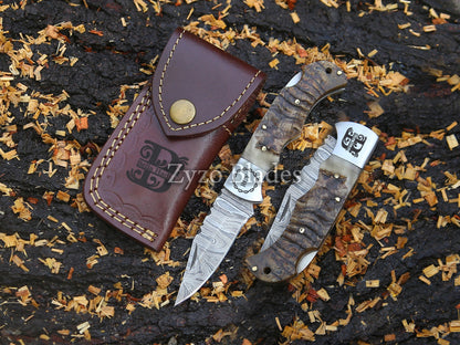 Damascus Steel Pocket Folding Knife Ram Horn Handle