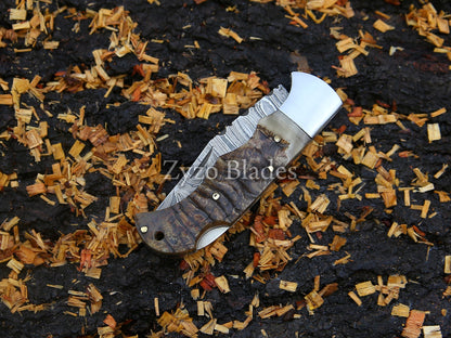 Damascus Steel Pocket Folding Knife Ram Horn Handle