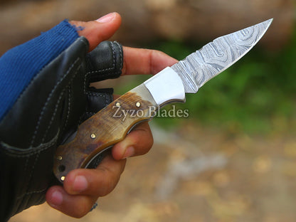 Damascus Steel Pocket Folding Knife Ram Horn Handle