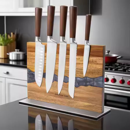 Personalized Acacia Wood Magnetic Kitchen Knife Block with Resin Decor