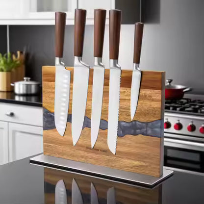 Personalized Acacia Wood Magnetic Kitchen Knife Block with Resin Decor