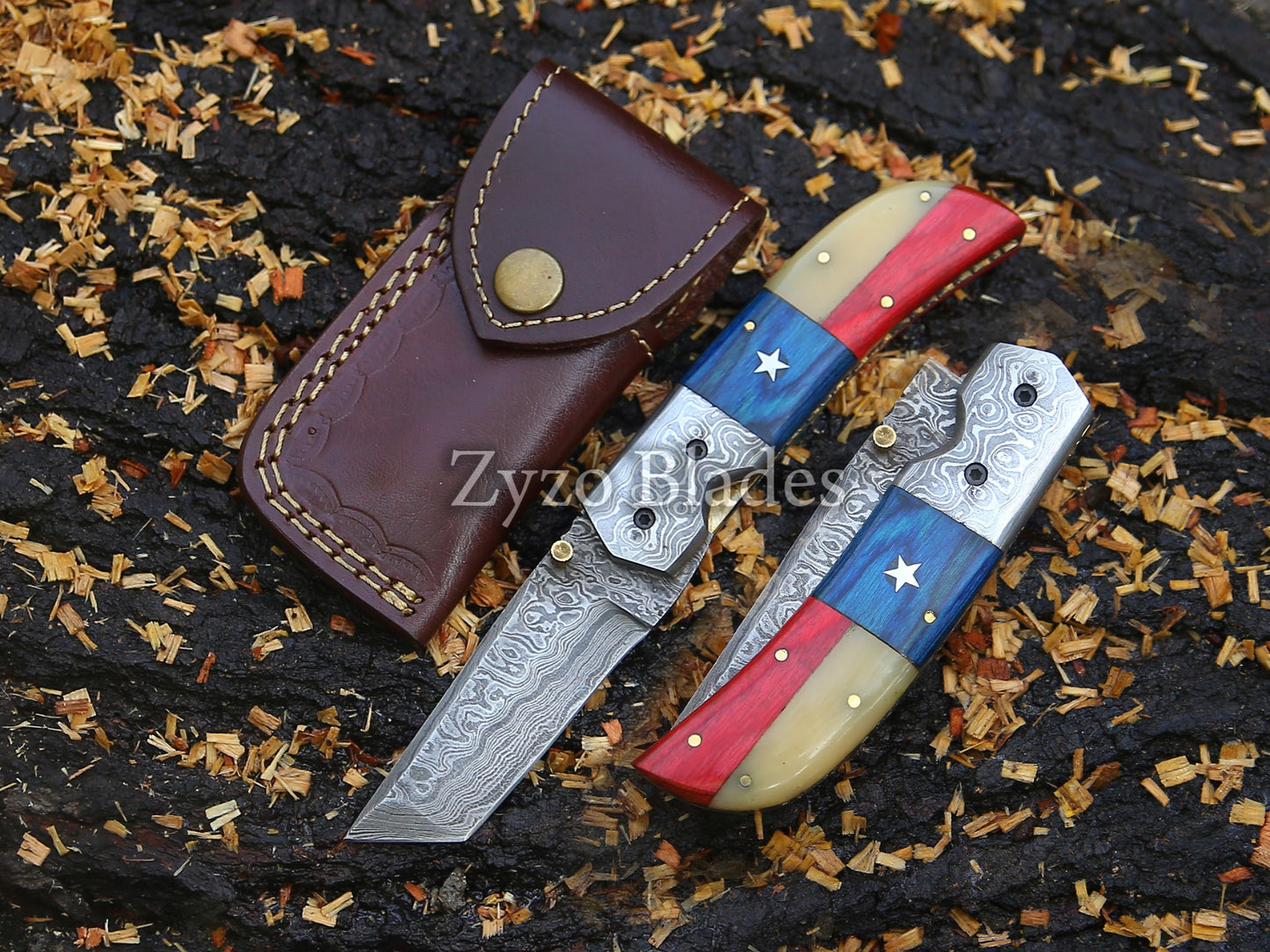 Damascus Pocket Folding Knife - Tanto Style