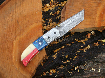Damascus Pocket Folding Knife - Tanto Style