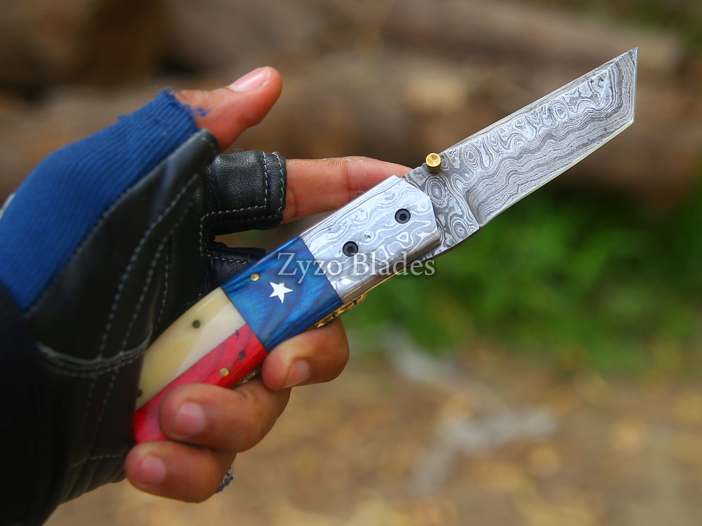 Damascus Pocket Folding Knife - Tanto Style