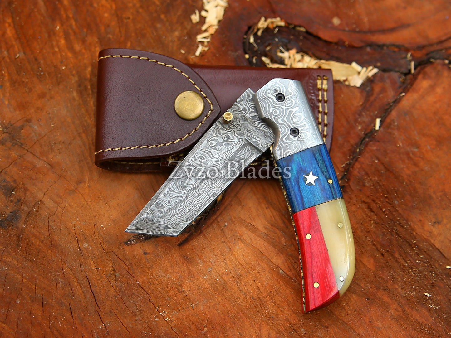 Damascus Pocket Folding Knife - Tanto Style