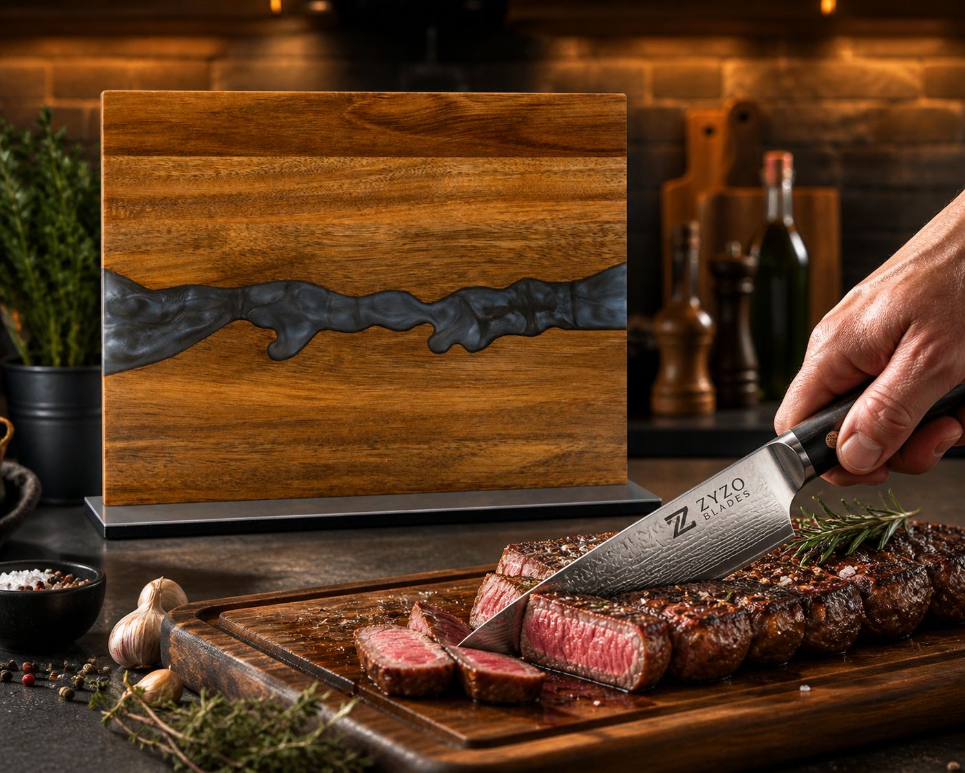Personalized Acacia Wood Magnetic Kitchen Knife Block with Resin Decor