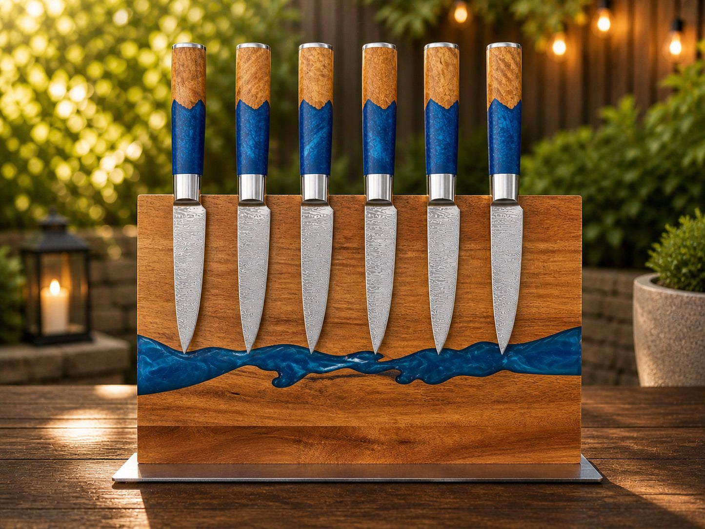 Personalized Acacia Wood Magnetic Kitchen Knife Block with Resin Decor