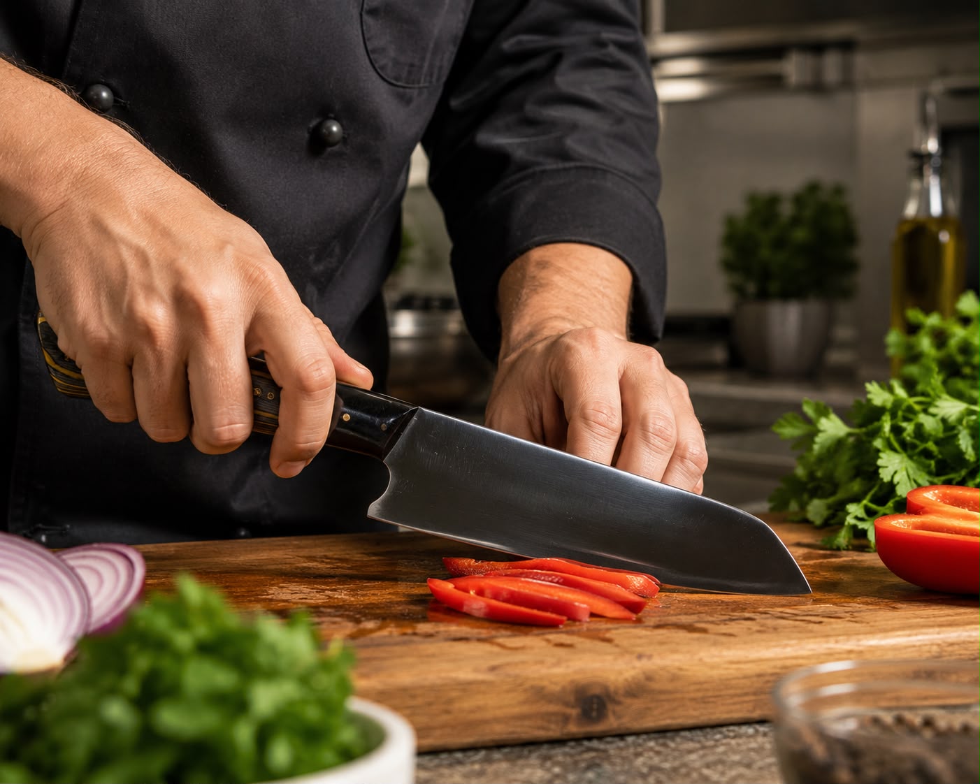 Japanese Santoku Style Chef Kitchen Knife - Hand Forged Stainless Steel Chef Knife