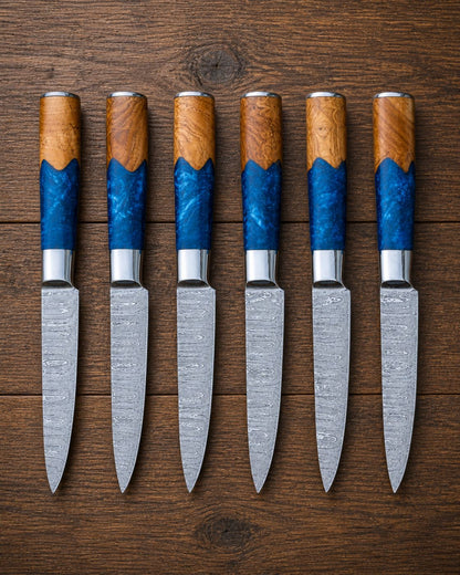 Handcrafted Damascus Steel Steak Knife Set in Resin Handle