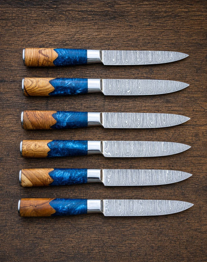 Handcrafted Damascus Steel Steak Knife Set in Resin Handle