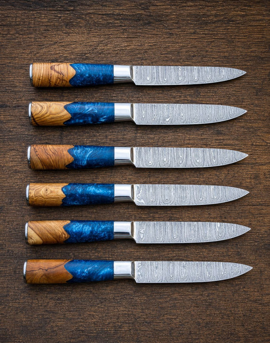 Handcrafted Damascus Steel Steak Knife Set in Resin Handle