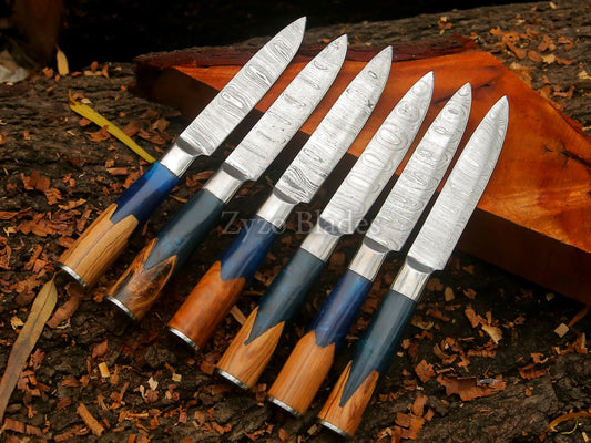 Fully Handcrafted Round Handle 6 Pcs Damascus Steel Steak Knife Set