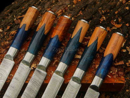 6 Pcs Damascus Steel Steak Knife Set Fully Handcrafted Round Handle