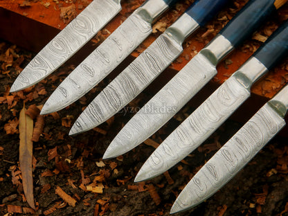 6 Pcs Damascus Steel Steak Knife Set Fully Handcrafted Round Handle