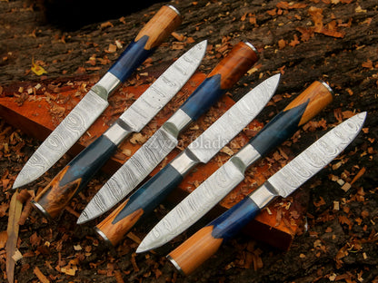 6 Pcs Damascus Steel Steak Knife Set Fully Handcrafted Round Handle