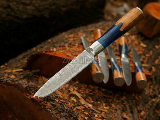 6 Pcs Damascus Steel Steak Knife Set Fully Handcrafted Round Handle