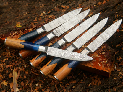 6 Pcs Damascus Steel Steak Knife Set Fully Handcrafted Round Handle