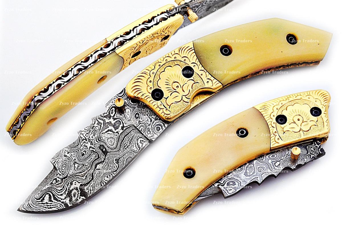 Handcrafted Damascus Steel Folding Pocket Knife with Ram Horn Handle