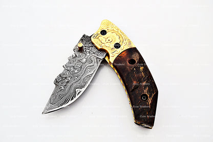 Handcrafted Damascus Steel Folding Pocket Knife with Ram Horn Handle