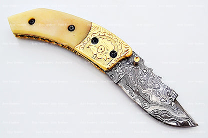 Handcrafted Damascus Steel Folding Pocket Knife with Ram Horn Handle