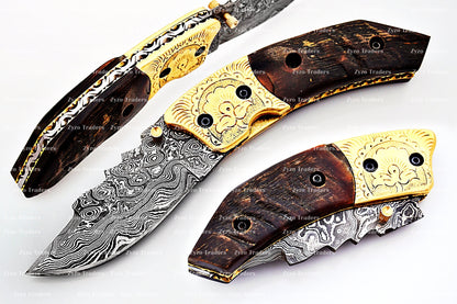 Handcrafted Damascus Steel Folding Pocket Knife with Ram Horn Handle