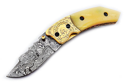 Handcrafted Damascus Steel Folding Pocket Knife with Ram Horn Handle