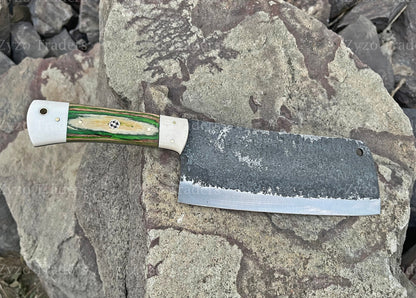 Handmade Damascus Chef Cleaver: Personalized BBQ Knife with Leather Sheath