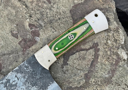 Handmade Damascus Chef Cleaver: Personalized BBQ Knife with Leather Sheath
