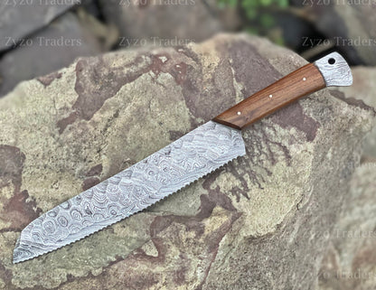 Handmade Damascus Steel Serrated Bread Knife: Rosewood Handle, 15"