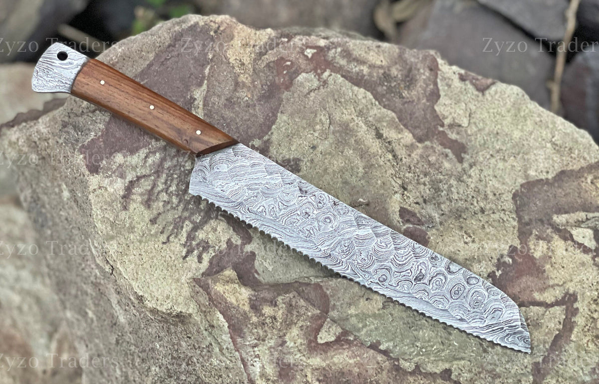 Handmade Damascus Steel Serrated Bread Knife: Rosewood Handle, 15"