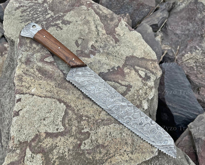 Handmade Damascus Steel Serrated Bread Knife: Rosewood Handle, 15"