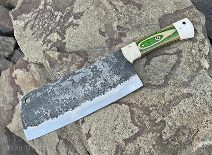 Handmade Damascus Chef Cleaver: Personalized BBQ Knife with Leather Sheath