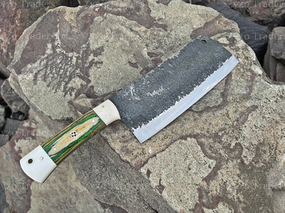 Handmade Damascus Chef Cleaver: Personalized BBQ Knife with Leather Sheath