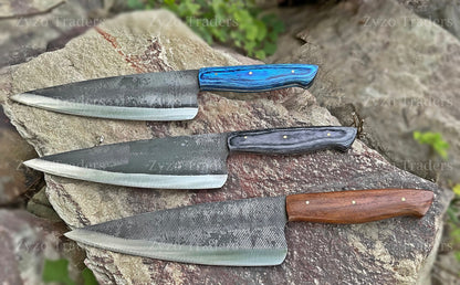 Handmade High Carbon Steel Chef Knife: Damascus Blade, Leather Sheath