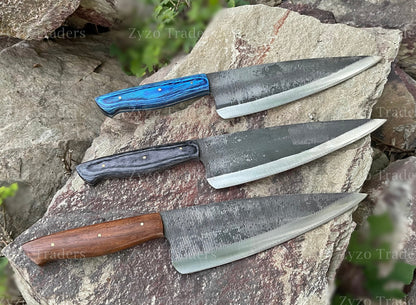 Handmade High Carbon Steel Chef Knife: Damascus Blade, Leather Sheath
