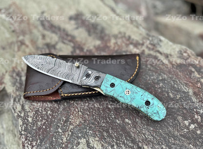 Handmade Damascus Folding Knife: Turquoise Resin Handle, Leather Sheath