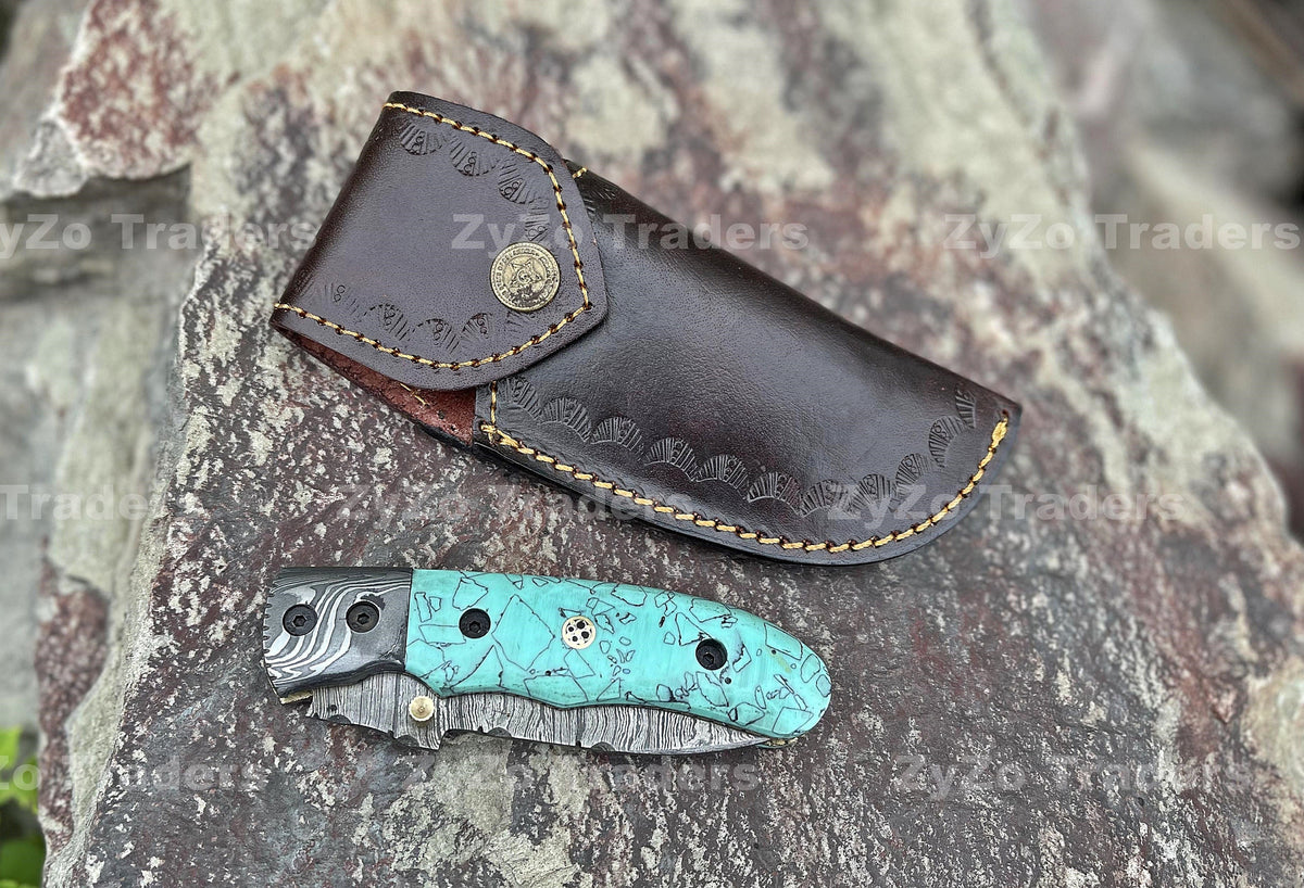 Handmade Damascus Folding Knife: Turquoise Resin Handle, Leather Sheath