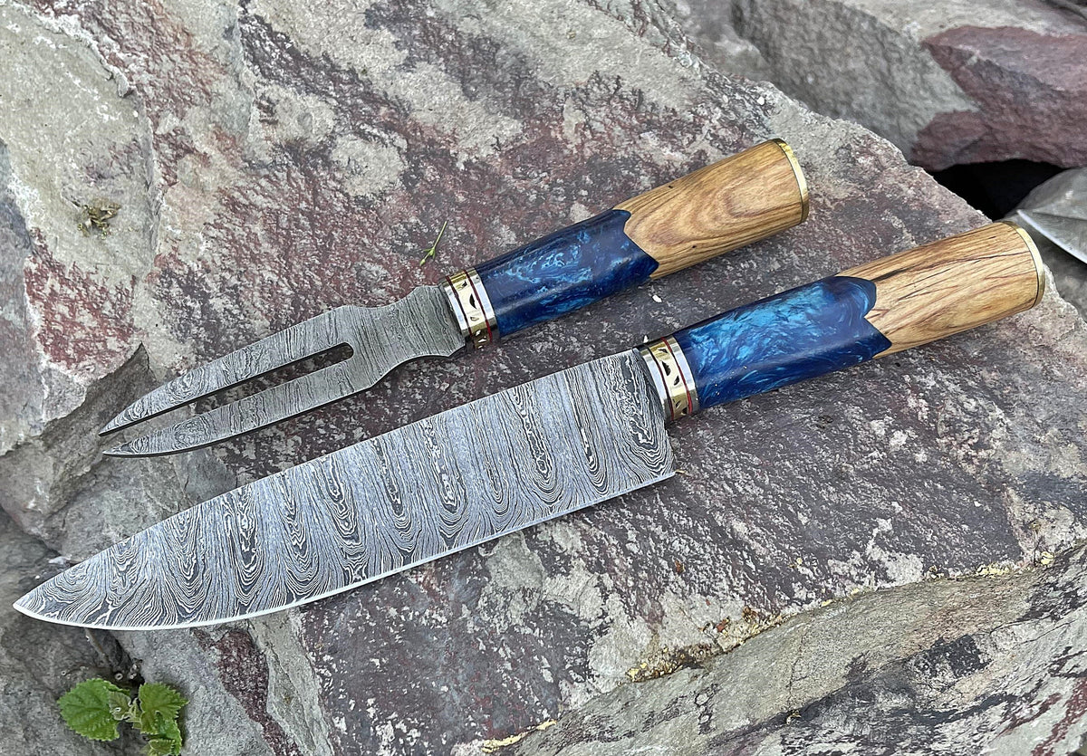 Handcrafted High Carbon Damascus Steel BBQ Fork and Chef Knife Set Outdoor Grilling