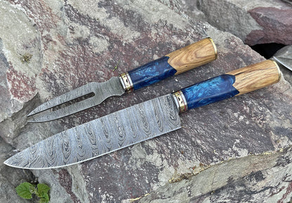 Handcrafted High Carbon Damascus Steel BBQ Fork and Chef Knife Set Outdoor Grilling