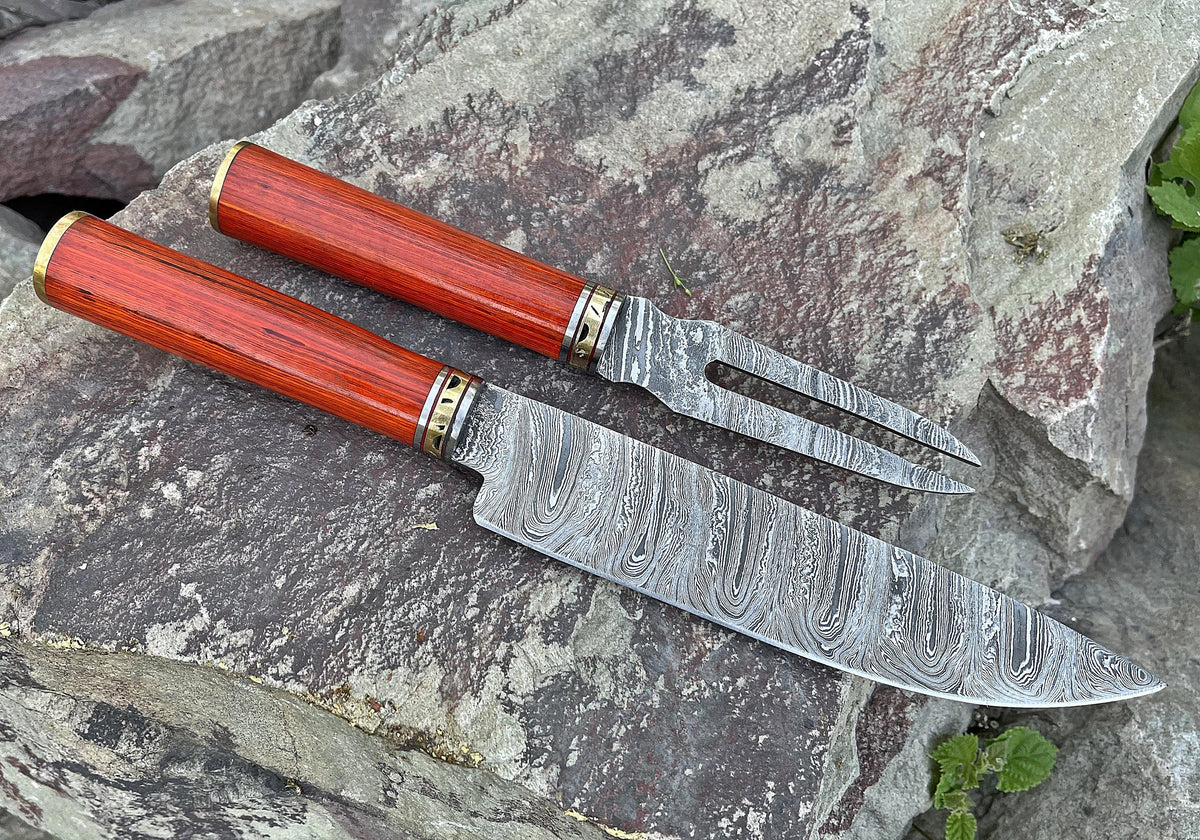Handcrafted High Carbon Damascus Steel BBQ Fork and Chef Knife Set Outdoor Grilling