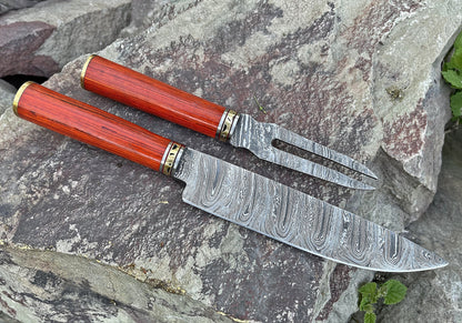 Handcrafted High Carbon Damascus Steel BBQ Fork and Chef Knife Set Outdoor Grilling