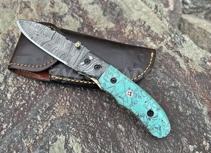 Handmade Damascus Folding Knife: Turquoise Resin Handle, Leather Sheath
