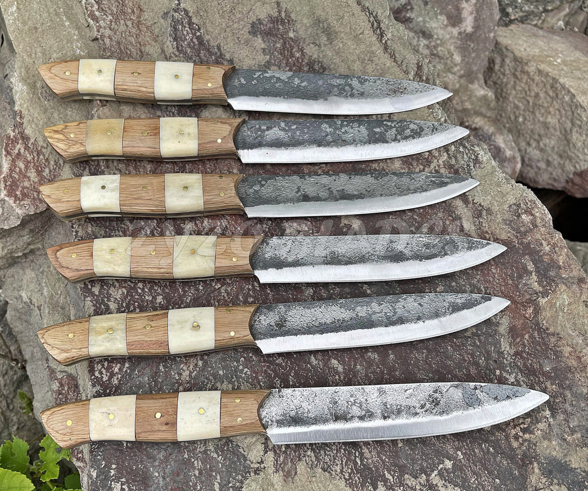 Hand Forged Damascus Steel Steak Knife Set: Full Tang, PKKA Wood & Camel Bone Handle