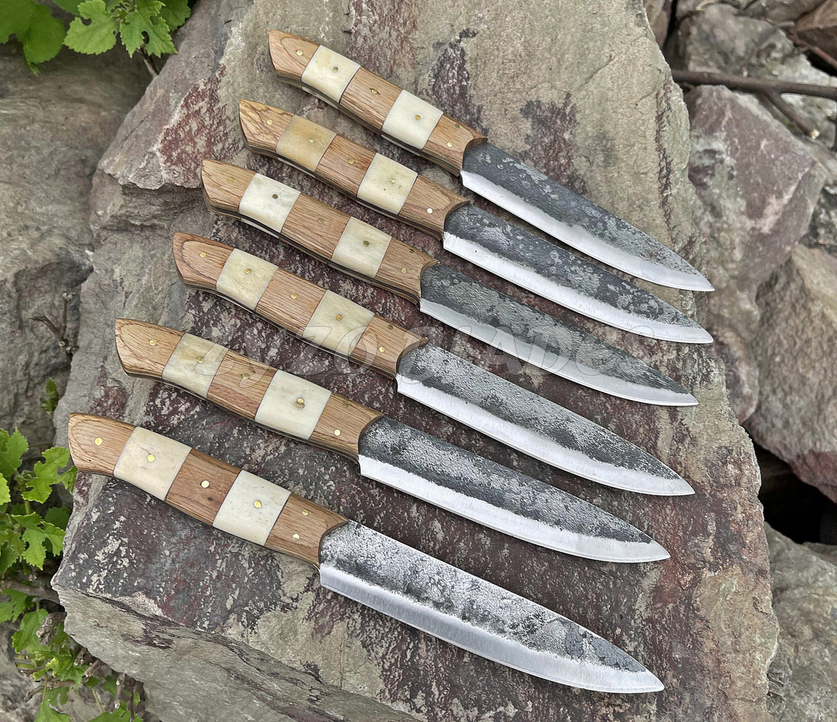 Hand Forged Damascus Steel Steak Knife Set: Full Tang, PKKA Wood & Camel Bone Handle